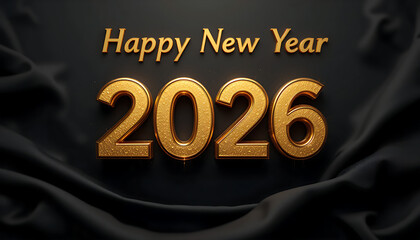 “Golden ‘Happy New Year 2026’ Text on Black Luxury Background for Festive Greeting Design”
