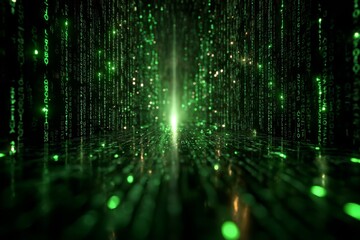 DMT laser experiment with glowing orange computer code code. Background tech image. Digital highway. Data stream