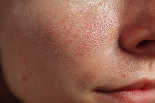 Close-up of facial skin with large pores and uneven texture, showing skin imperfections