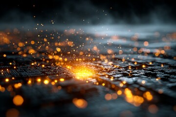 DMT laser experiment with glowing orange computer code code. Background tech image. Digital highway. Data stream