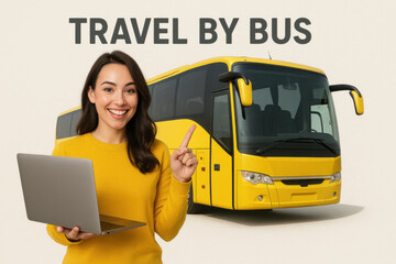 Travel agent pointing at yellow bus while holding laptop and smiling