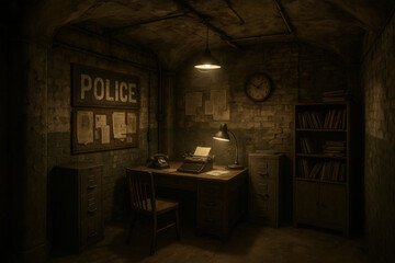 Vintage police station interior with typewriter and bulletin board