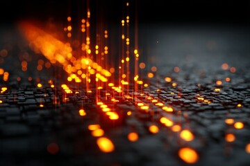 DMT laser experiment with glowing orange computer code code. Background tech image. Digital highway. Data stream