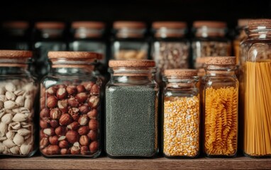 Neatly arranged pantry shows jars of nuts, grains, and pasta for accessible cooking in kitchen