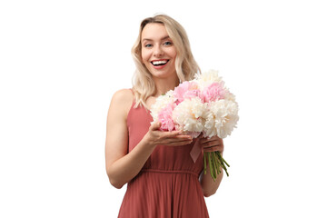 Happy woman with bouquet of beautiful peonies on white background