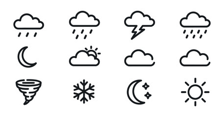 A collection of simple black and white line art icons representing various weather conditions and celestial bodies for digital use