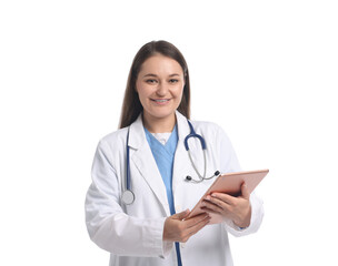 Medical student with tablet on white background