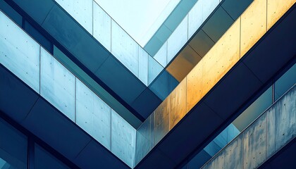 Abstract Architectural Design: Geometric Blue and Gold Building Facade