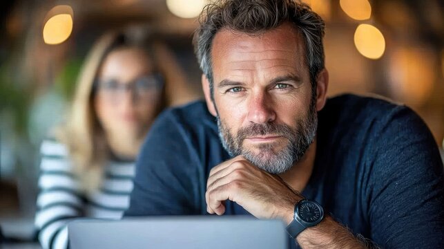 Man, woman working in cafe, laptop. Depth of field