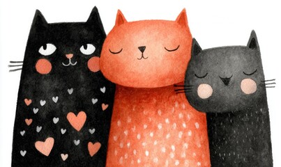 Watercolor cats embrace showing friendship and love in heartwarming kitty composition