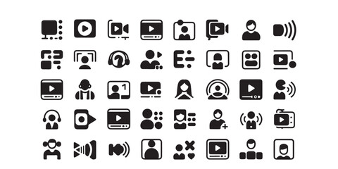 A collection of various black silhouette icons related to video and communication technology shown
