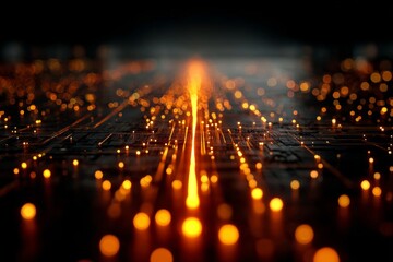DMT laser experiment with glowing orange computer code code. Background tech image. Digital highway. Data stream