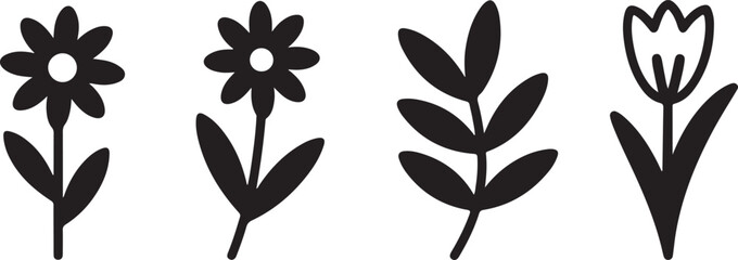 Simple Flower and Leaf Silhouette Vector Set, Minimalist Botanical Clipart, Nature-Inspired Icons