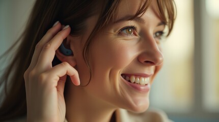 Fototapeta premium A young woman smiles while adjusting her discreet hearing aid. The warm, soft morning light creates a positive and hopeful feeling. 