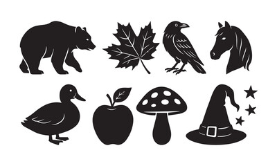 Silhouette Icons of Bear, Maple Leaf, Apple, Crow, Horse, Duck, Mushroom, and Witch Hat