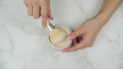 A clean, top-down view of a makeup artists hands preparing a powder brush, ideal for tutorials and professional beauty content.

