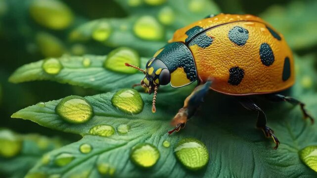 Colorful ladybug resting on green leaves adorned with water droplets after rain in a tranquil garden