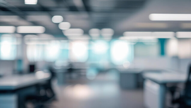 Defocused office setting evokes modern, airy feel. Interior design, workplace concept. Great for backgrounds, web design, marketing, or editorial use.