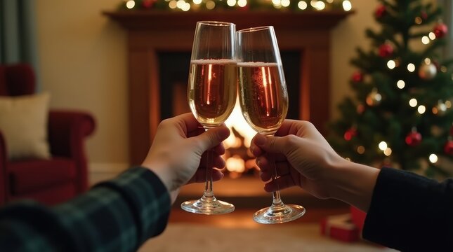 An intimate, first-person view of a champagne toast during the holidays. The cozy, festive background creates a warm and personal feeling