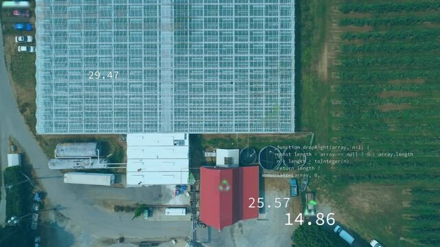 Drone showing greenhouse icons appearing visualizing farm metrics sliding site revealing crop rows