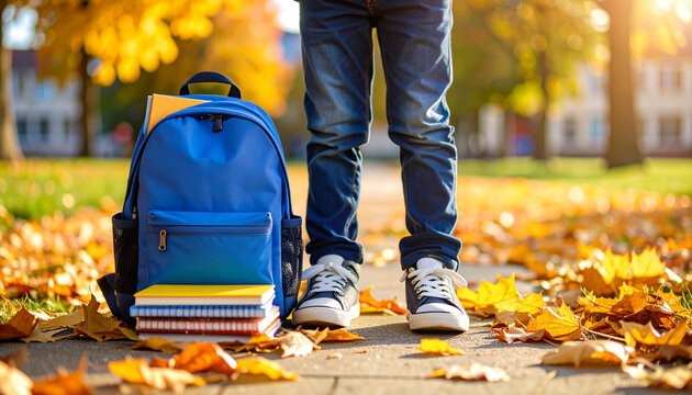 Back to school backdrop, egs of a schoolboy, a school backpack and books are standing nearby. Background in an autumn park