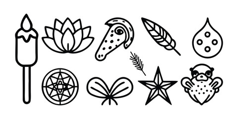 Black Silhouette Icons of Candle, Owl, Feather, Pizza, and Nature Symbols