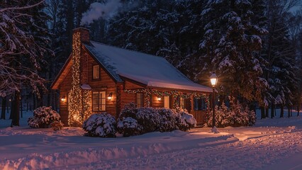 Cozy log cabin glows with Christmas lights in a snowy winter forest landscape