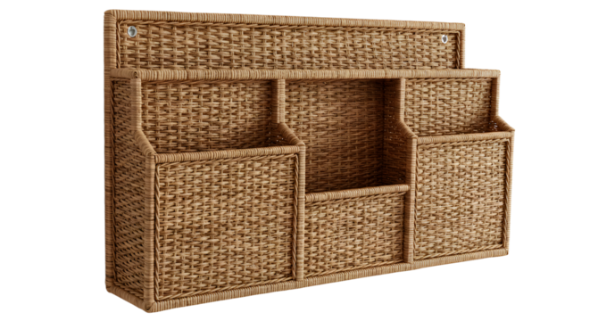 Stylish woven wall organizer with multiple compartments, perfect for home decor and efficient storage solutions