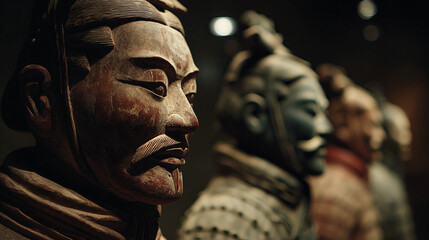 Primer plano de figuras del ejército de terracota en exhibición