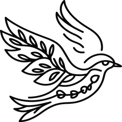 A minimalist illustration of a bird in flight, featuring flowing lines and intricate leaf patterns. The design captures a sense of freedom and grace, making it ideal for nature-themed projects, artist