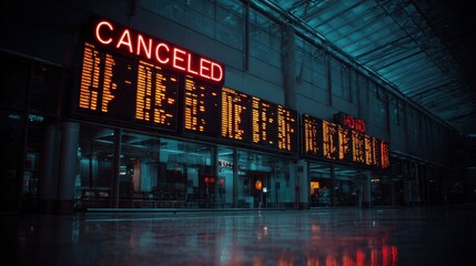 Canceled flights showing on airport panel at night