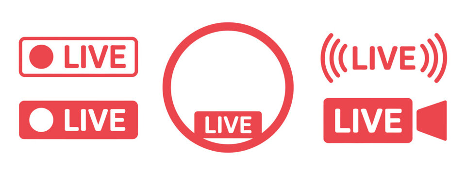 Collection of red live streaming icons featuring a dot circle and camera symbol for broadcasts