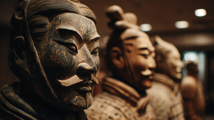 Primer plano de figuras del ejército de terracota en exhibición