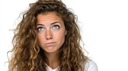 Pensive young woman with curly hair making a face and looking up