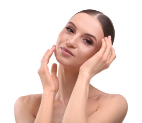 Portrait of beautiful young woman on white background