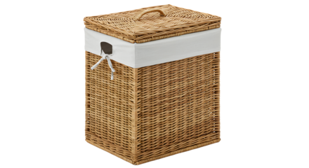 Woven wicker laundry basket with a lid, placed in a bright room, showcasing a clean and organized space for household chores