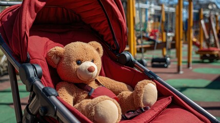 Teddy bear sitting in red stroller at playground enjoying sunny day