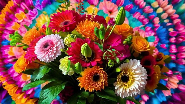 Vibrant flower arrangement with gerbera daisies, roses against colorful background. Beautiful bouquet of flowers, floral design, art, bloom, petal, flora.