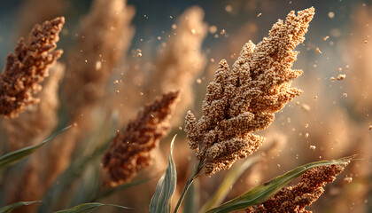Mature sorghum stalks swaying golden in sunlight, representing agricultural sustainability and bountiful crop potential