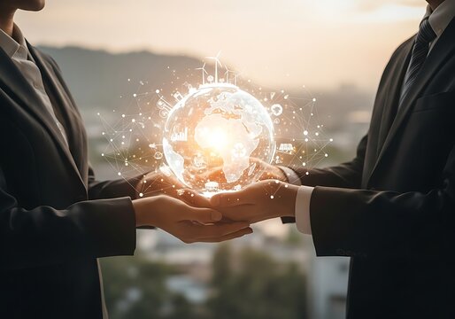 Two business people holding a glowing digital globe symbolizing global connectivity and innovation