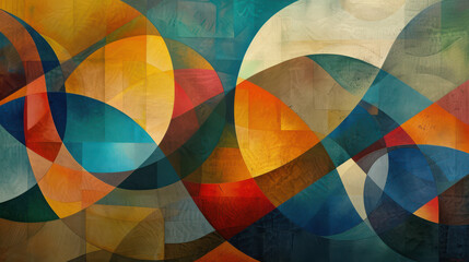 Abstract geometric composition of overlapping circles and arcs in warm and cool tones