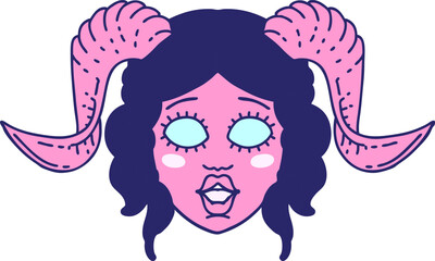 Retro Tattoo Style tiefling character face in bright neon color
