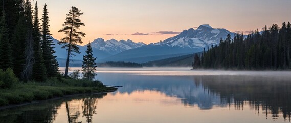 A photorealistic ultra-wide dusk view of a tranquil mountain lake in 21:9 format. The smooth reflective water stretches wide, bordered by tall pine trees casting shadows. Snowy peaks glow gently benea