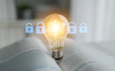 Digital security concept illustrating a cybersecurity breach, with a red unlocked padlock...