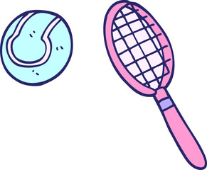 cartoon doodle tennis racket and ball in bright neon color