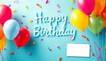 Happy birthday card design featuring colorful balloons; business card mockup on festive background,   pastel,  promotion