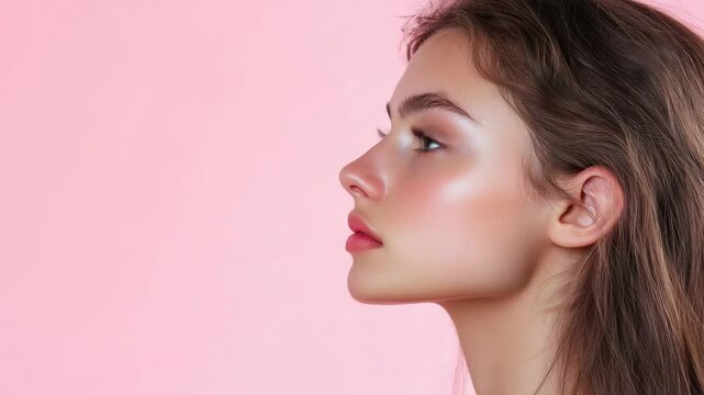 Woman with high-definition makeup, wearing jewelry and a nose ring. The background is pink for a soft beauty vibe.
