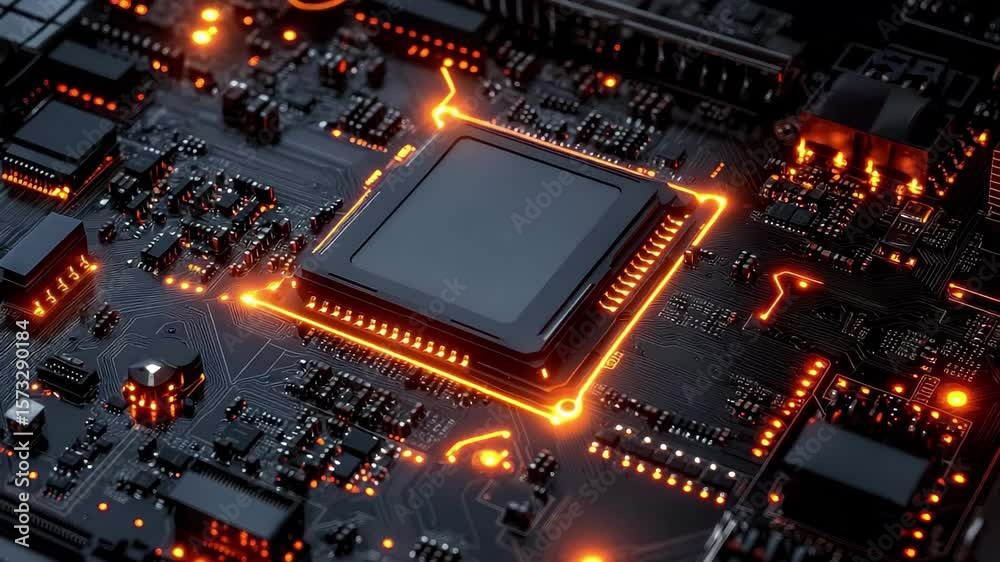 Poster close-up view of a computer motherboard showcasing intricate circuitry and glowing components during