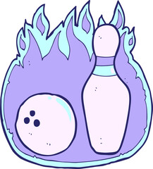 ten pin bowling cartoon symbol with fire in bright neon color
