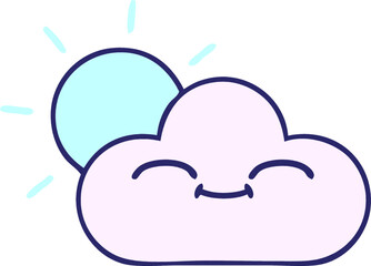 retro grunge texture cartoon of a sunshine and cloud in bright neon color